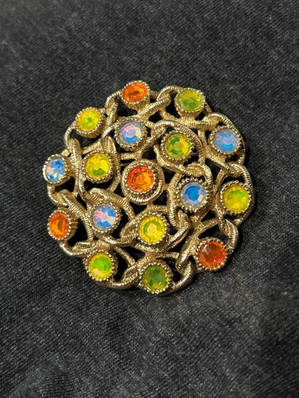 Vintage-Inspired Gold Tone Multicolor Rhinestone Brooch